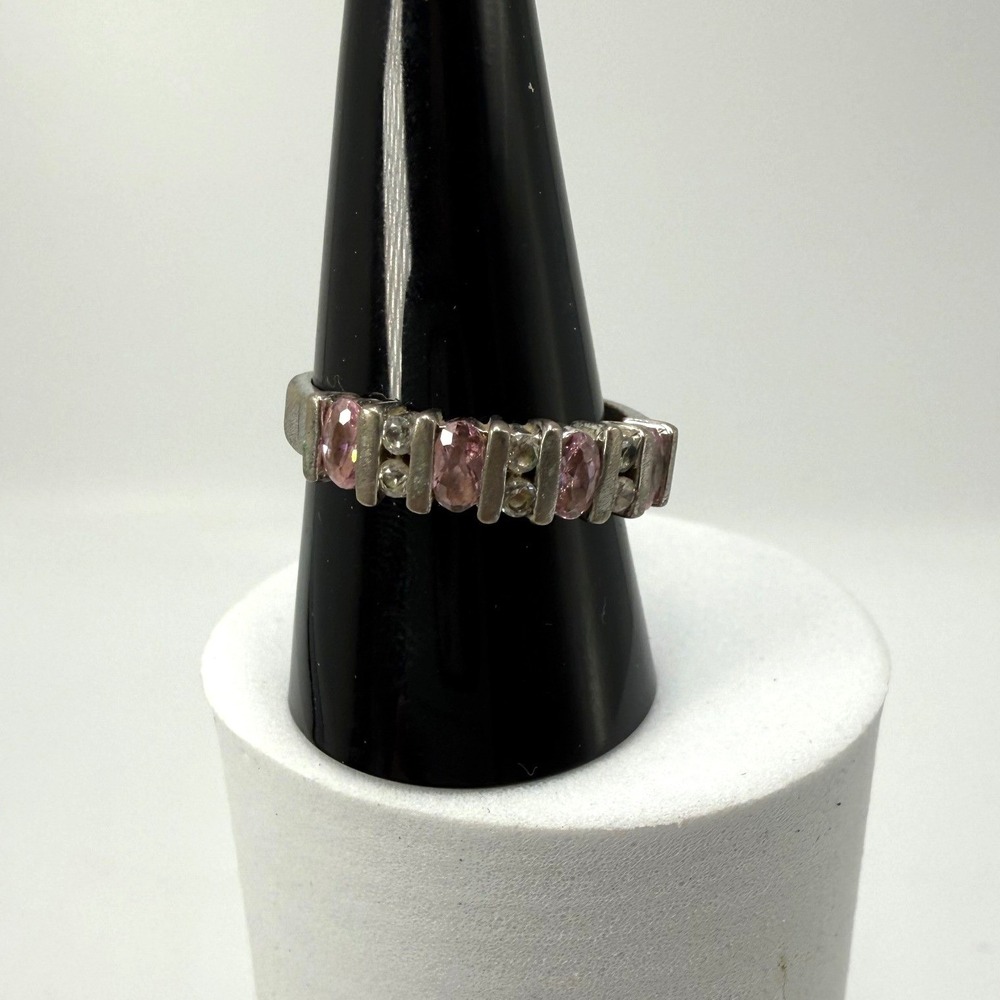 Silver Tone Pink and Clear Oval Stone Bar Channel Set Band Ring Size 10